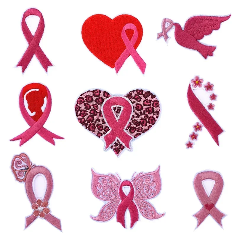 Pink Ribbon Logo Embroidery Patch Love Breast Day Iron on Badge Breast Cancer Caring Emblem Public Organization Event Tshirt DIY