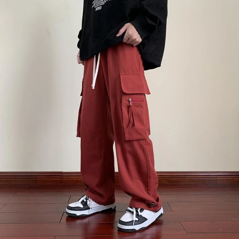 

Straight Trousers Man Red Oversize Spring Summer Cargo Pants for Men Y2k Vintage Emo Baggy Casual Long Cotton Loose Fashion Cool
