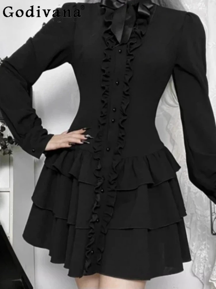 

Spring Autumn New Personality Girls Gothic Retro Black Cake Dresses Women Slim Sweet Cool Bow Sexy Ruffles Long Sleeve Dress