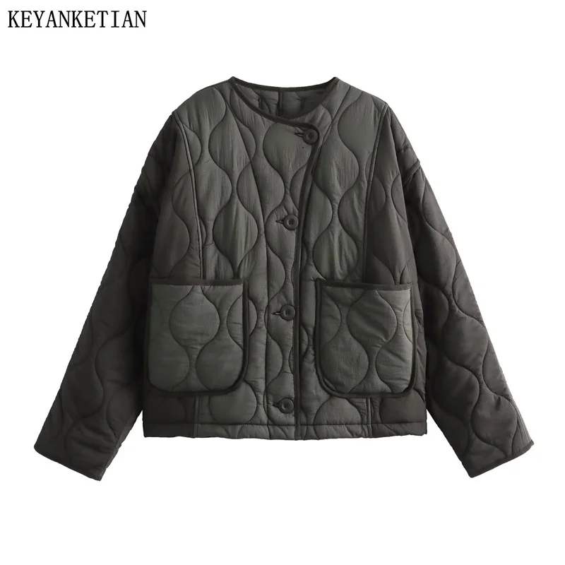 

KEYANKETIAN Autumn/Winter New Women's Asymmetrical Single Breasted O-Neck Cotton-Padded Clothes Cropped Parkas Quiltin Outerwear