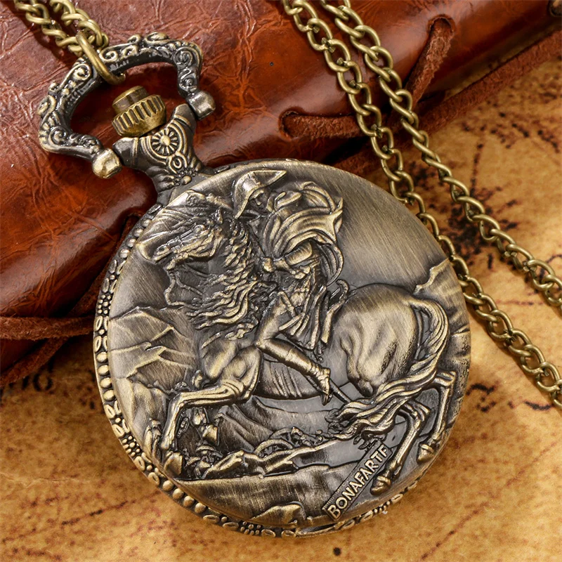Antique Knight Horse Pattern Men Women Quartz Pocket Watch Necklace Sweater Chain Arabic Number Display Timepiece Retro Clock
