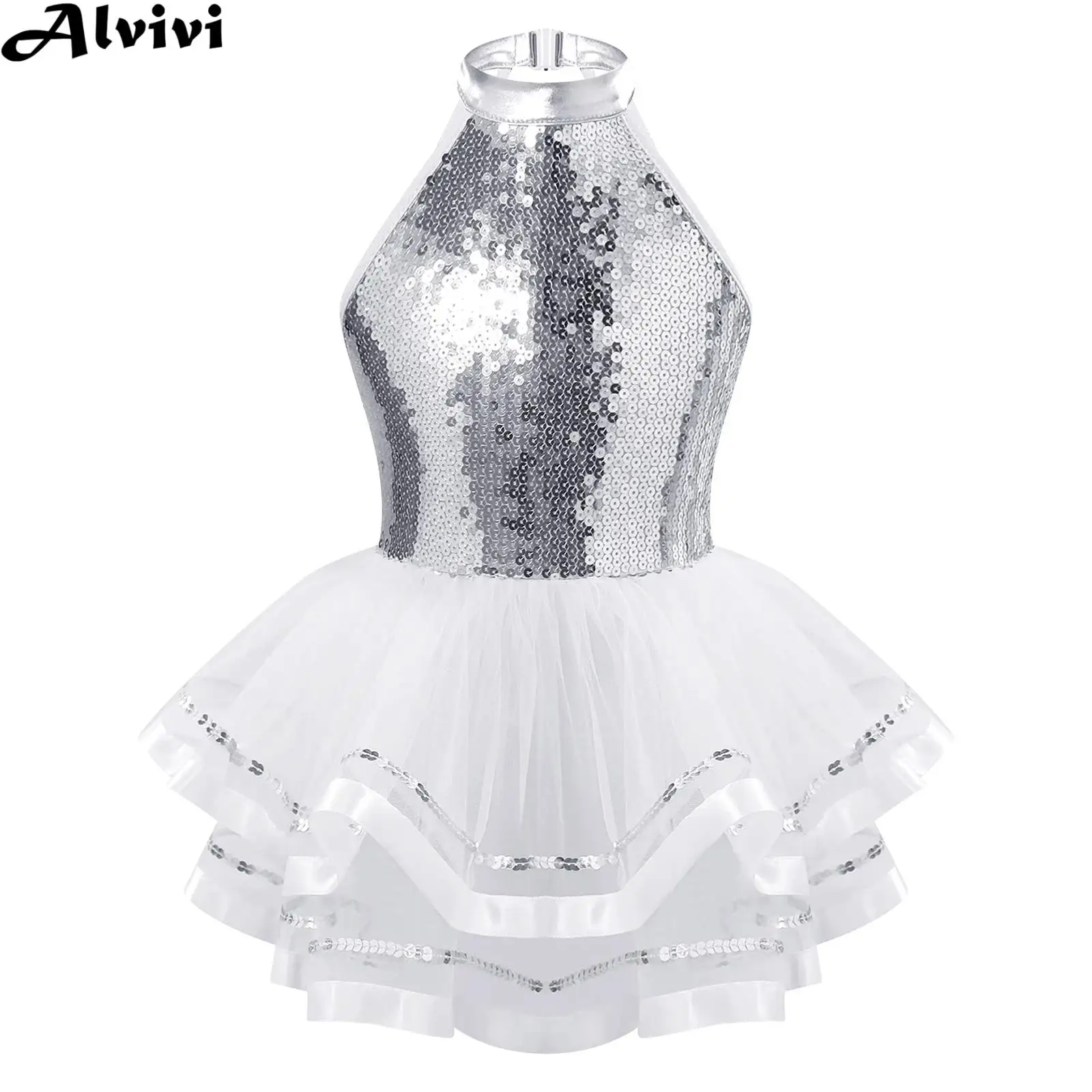 

Kids Girls Ballet Tutu Sleeveless Halter Shiny Sequin Princess Dress Dance Gymnastics Leotard Dress Stage Performance Dancewear