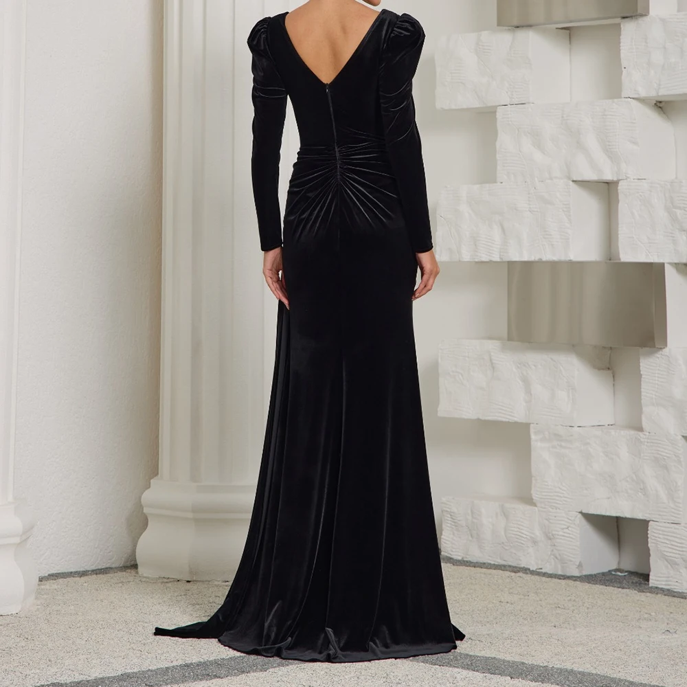 فساتين سهرة حورية البحر مخصصة بطول الأرض ورقبة على شكل حرف V وأكمام طويلة فستان حفلات أنيق مطوي برباط علوي بسيط ثنيات للحفلات