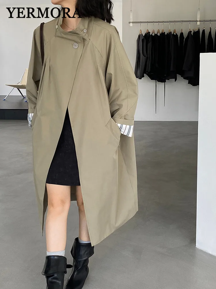 

YERMORA Khaki Button Big Size Brief Trench For Women Stand Collar Long Sleeve Loose New Windbreaker Fashion Tide Srping Autumn