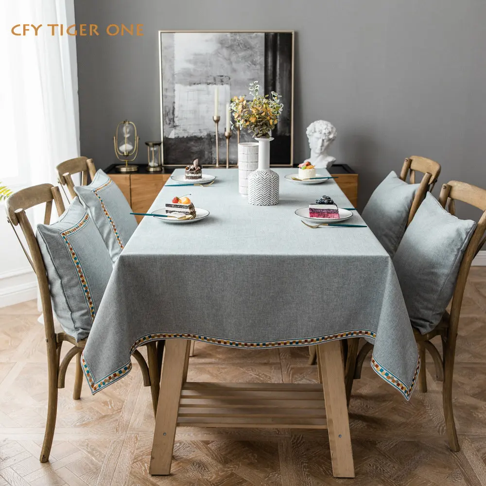 

American Cotton Linen Solid Waterproof Tablecloth Embroidered Edge Antifouling Rectangular Tablecloth with Tassel Table Cover