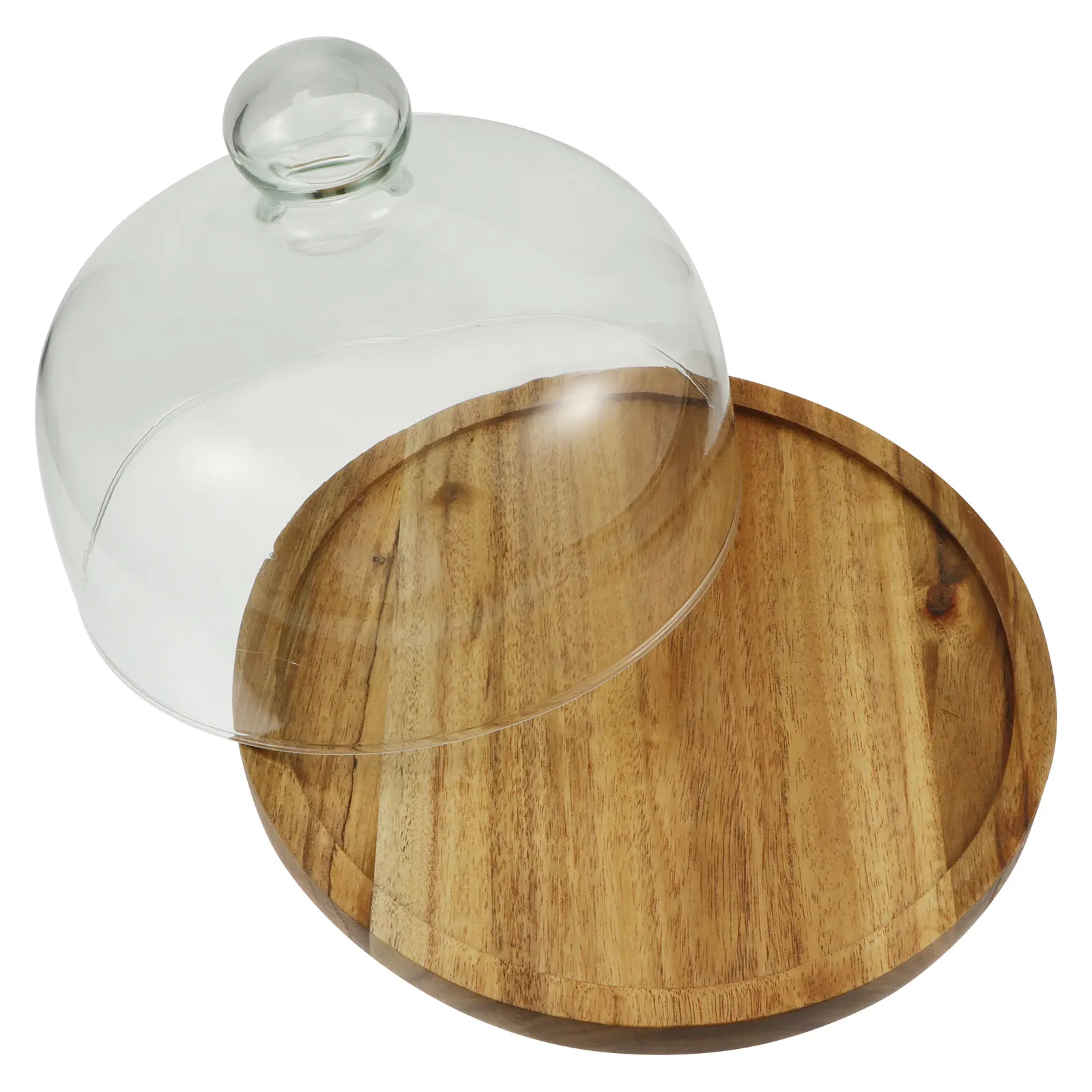 

Transparent Glass Cake Display Tray with Bamboo Wood Base 20 5cm Diameter for Home Hotel Restaurant Storage Cover
