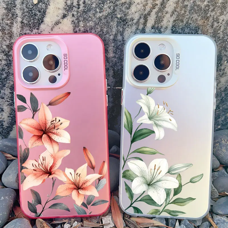 

Realistic Lily Flowers Pink And White Flower Laser Phone Case For iPhone 15 16 17 Pro Max Plus 13 14 12 Mini 11 Pro Max Covers