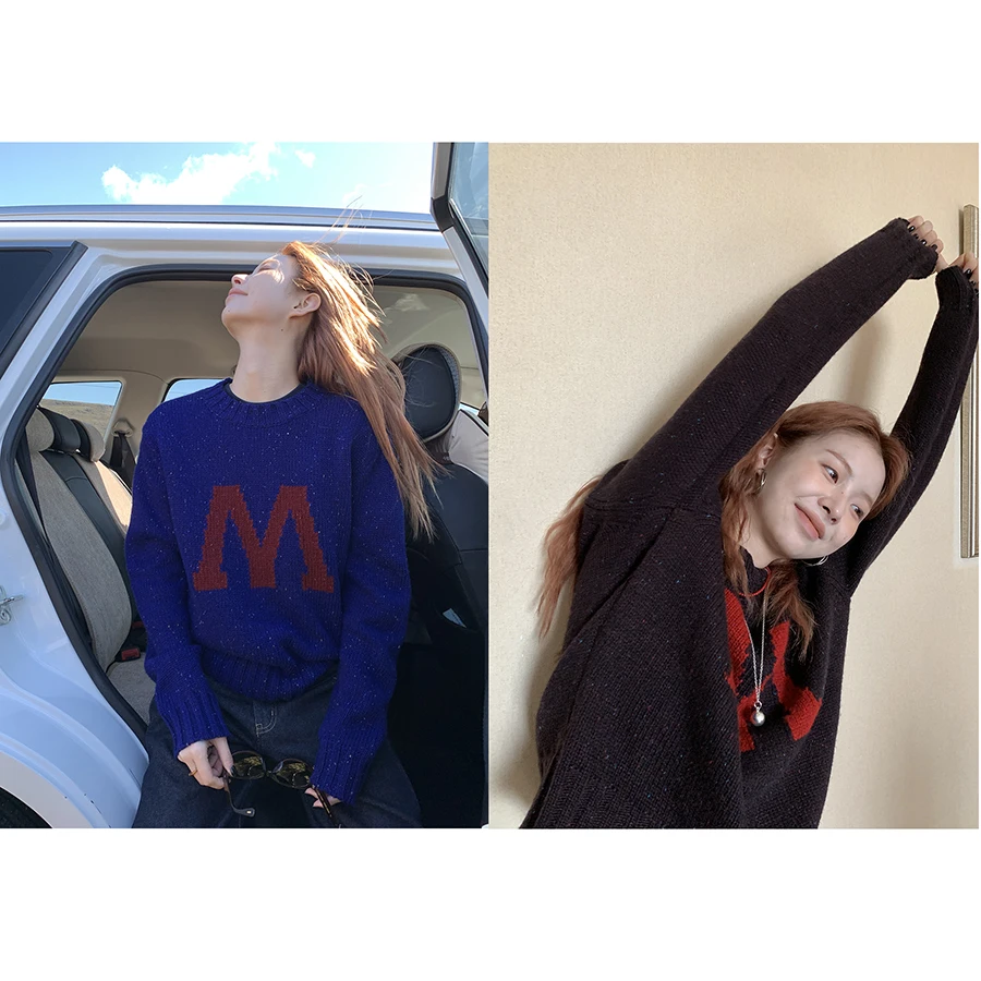 

Женский вязаный свитер оверсайз с круглым вырезом и винтажным цветным буквенным принтом, осенне-зимний, повседневный, комфортный топ