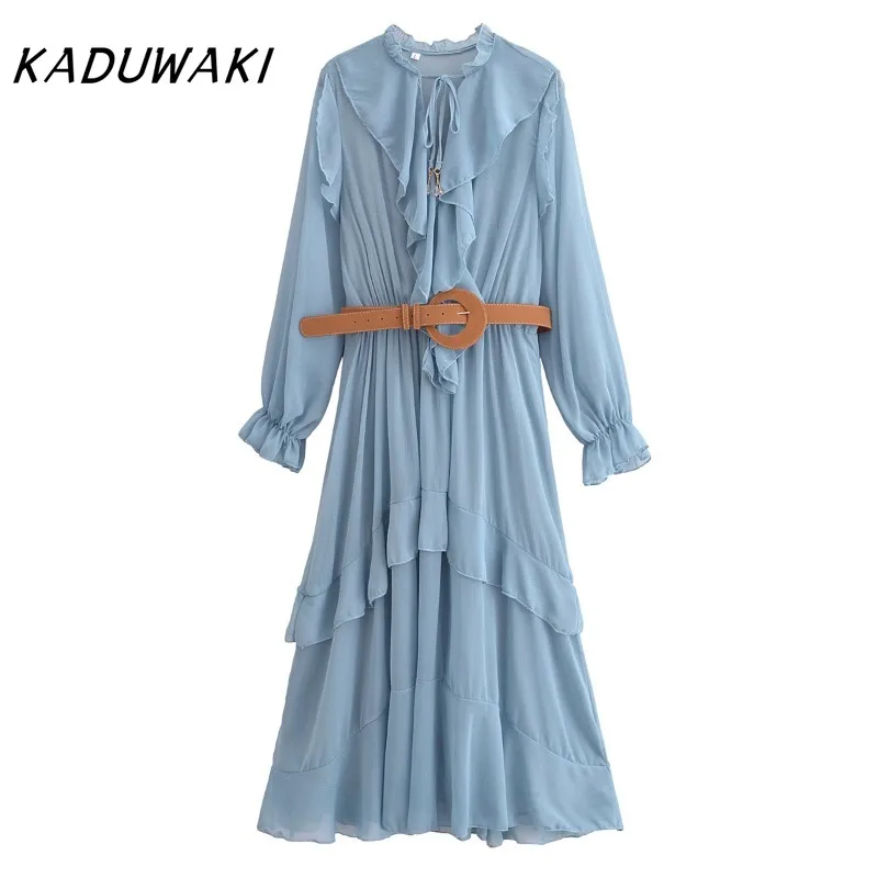 KADUWAK Japanese Classic Round Neck Long Sleeve Chiffon Ruffle Dresses Fashion Simple with Belt Long Vestidos De Tricô Femenino