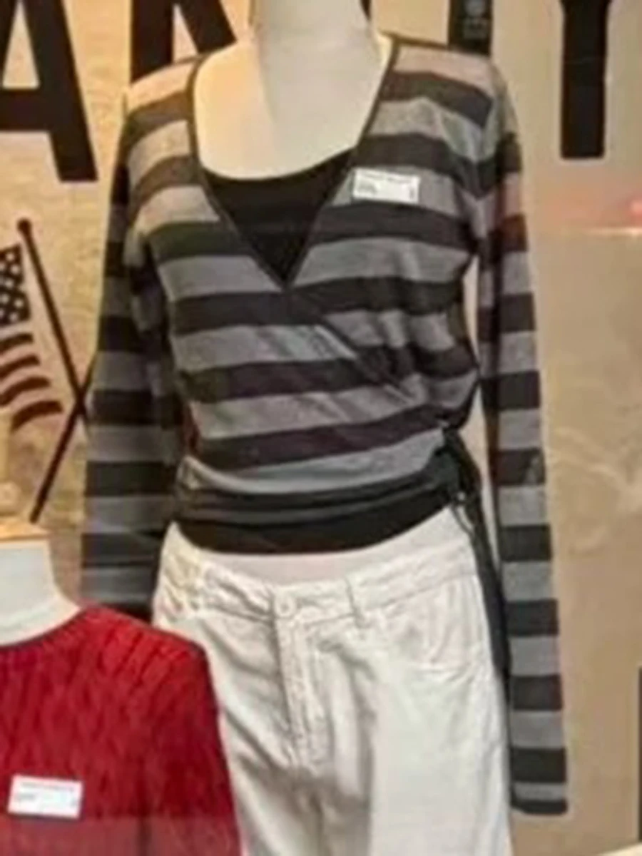 

Striped Lace-up Cardigan Spring Cotton V-neck Slim Long Sleeve T-shirt Wrap Smock Vintage Sweet Cropped Knitwear Y2K