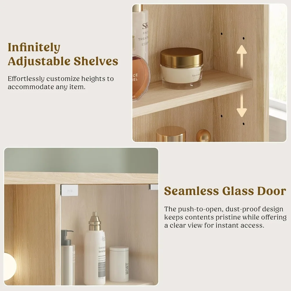 مكتب مكياج مخدد مع مرآة وأضواء، زينة خشبية مقاس 48 بوصة، وطاولة تزيين مع 3 أدراج وأرفف قابلة للتعديل، زجاج