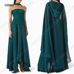 OIMG Luxury 2Pcs Green Evening Dresses Chiffon Cap Sleeves With Cape Ruched Elegant Women Wedding Party Gowns Vestido Formatura