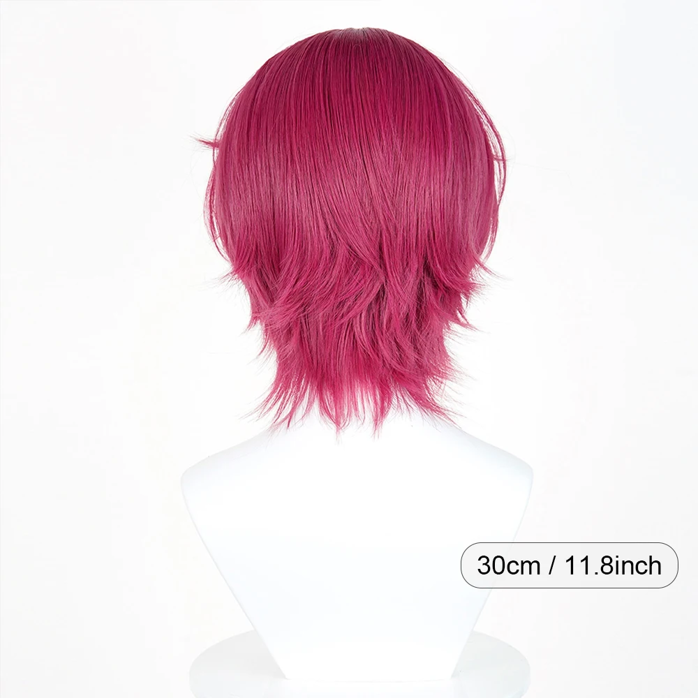 Picture 3: Rose Red Short Straight Synthetic Wigs with Bangs Anime Game Cosplay Fluffy Wig Heat Resistant for Daily Party