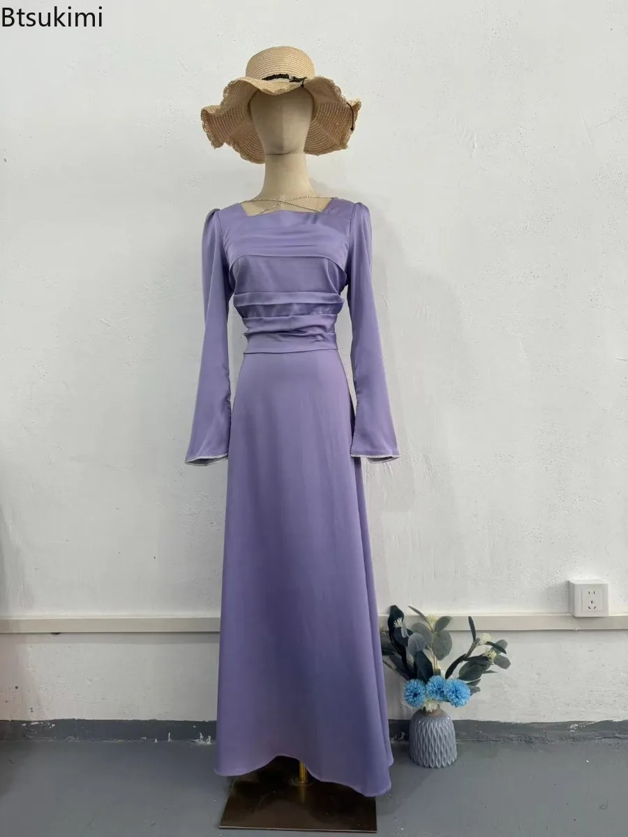 エレガントなイスラム教徒の女性のドレス長袖サテンダイヤモンドがちりばめられたアバヤドバイアラビアパーティードレストルコイスラム服 Vestidos