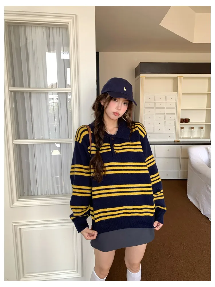 الخريف والشتاء موضة جديدة المرأة أنيقة البلوز سترة مع الراقية تصميم تحسس بولو التلبيب مخطط المتناقضة سترة