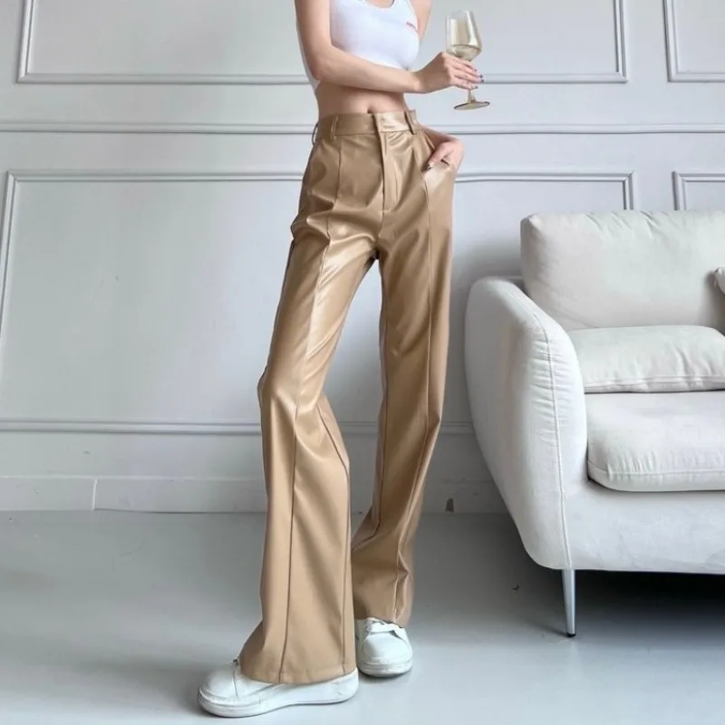 

Female Trousers High Waist Baggy Wide Leg Women's PU Leather Pants Straight Khaki Loose All Medium G Original Trends 2024 Slacks