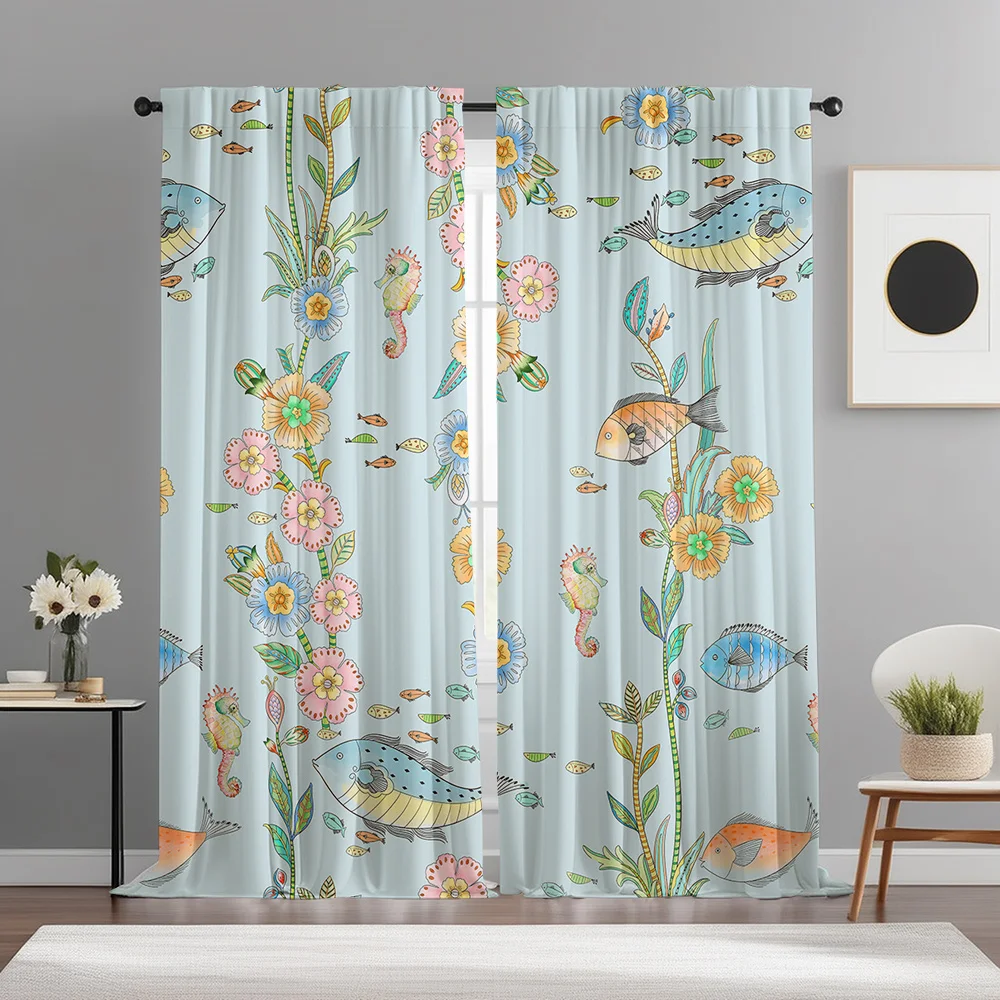 2pcs Ocean Fish Seahorse Floral Print Curtains Rod Pocket Minimalist Artistic Home Decor for Kitchen Cafe Living Room Balcony