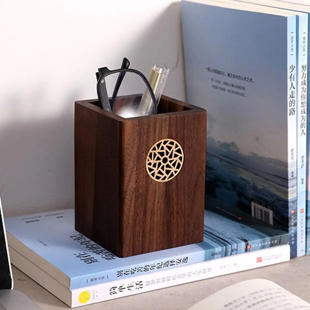 Multiple Use Wooden Pen Holder Black Walnut Vintage Marker Pen Storage Cup Square Shape Practical Wooden Pencil Box Office