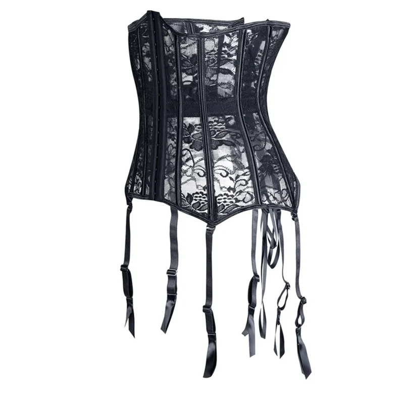 Black Sexy With Garter Belt Lace Mesh Breathable Underbust Corset Waist Trainer Slim Lingerie Plus Size Corselet S-6XL