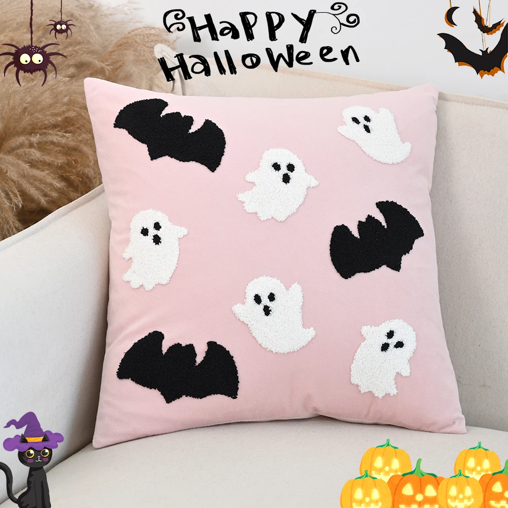 BUYNOW 1PC Halloween Pink Ghost Bat Embroidery Pillowcase Sofa18x18inch Cushion Cover Home Bedroom Decor cojines para sala