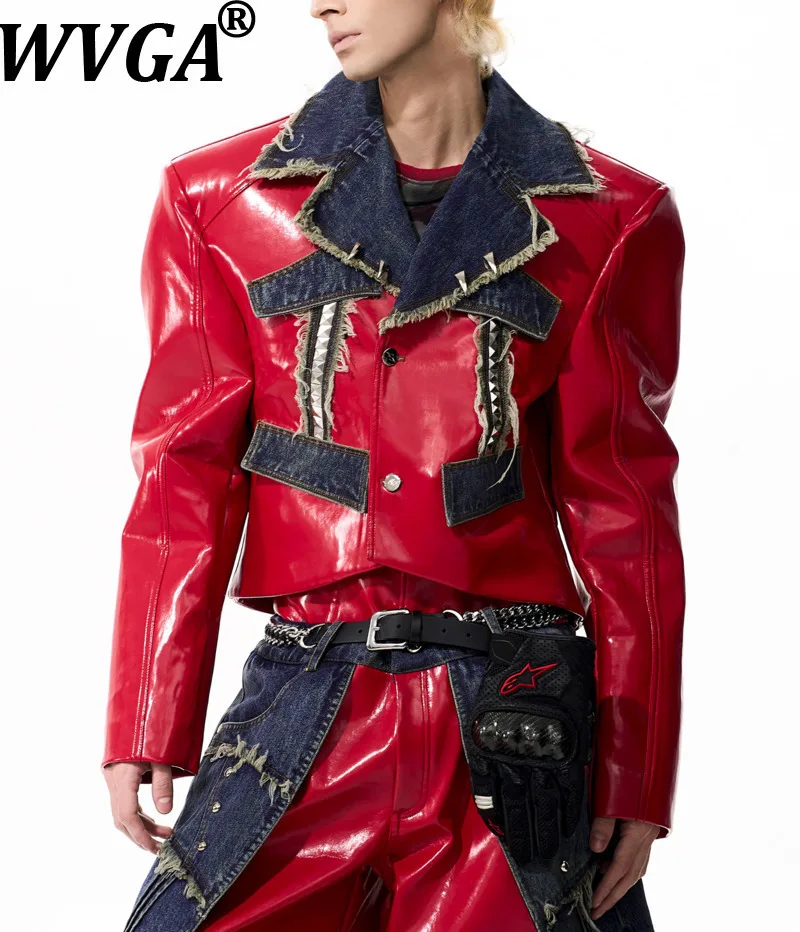 

WVGA Spring Autumn New Man High Street Patchwork Trendy Short Leather Jacket Niche Chic Casual Turn-down Collar Coats Ins W12548