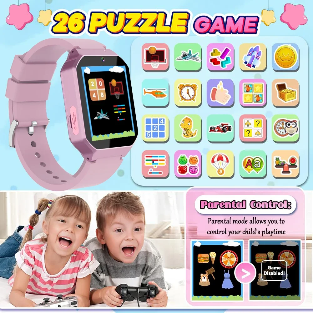 Orologio per bambini 26 giochi Smart Watch Fotocamera Lettore musicale Schermo HD da 1,69 pollici Video Parole Scheda di apprendimento Orologi per