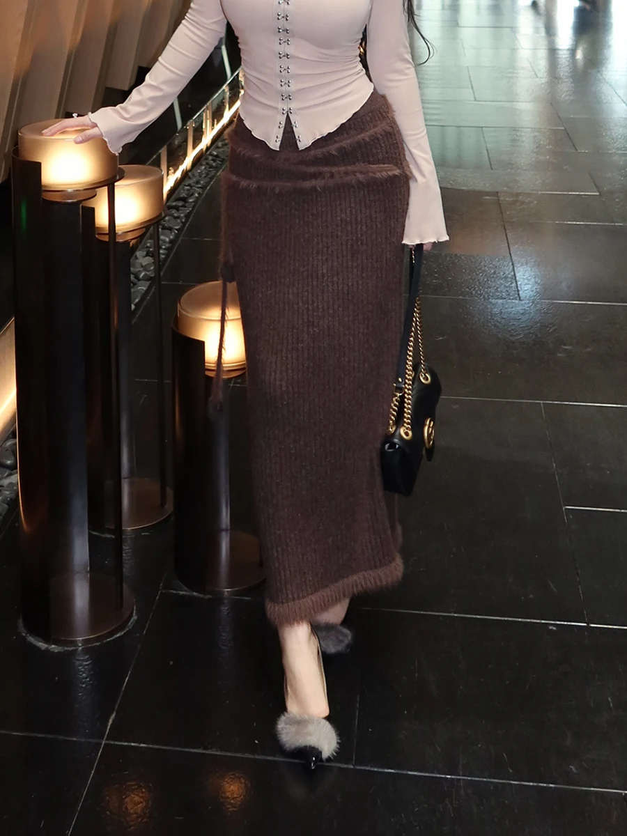 

Женская прямая юбка-труба Ele Cherry из полиэфирного волокна с эластичным поясом, бахромой и высокой эластичностью, облегающая фигуру