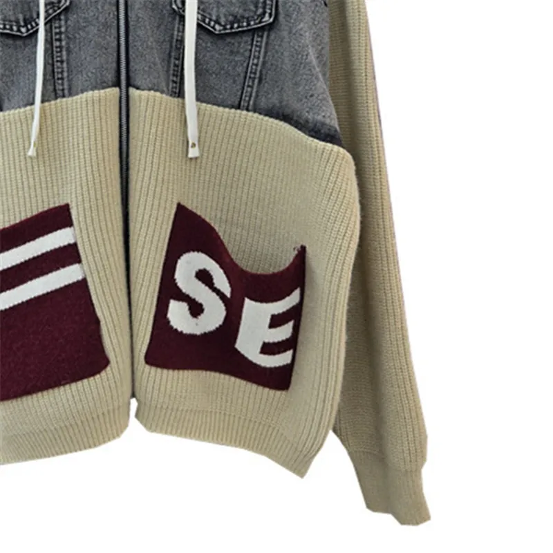 2025 Autumn New Loose Hooded Patchwork Letter Color Block Denim Knit Jacket Women's Trendy Letter Jacquard Winter Clothes