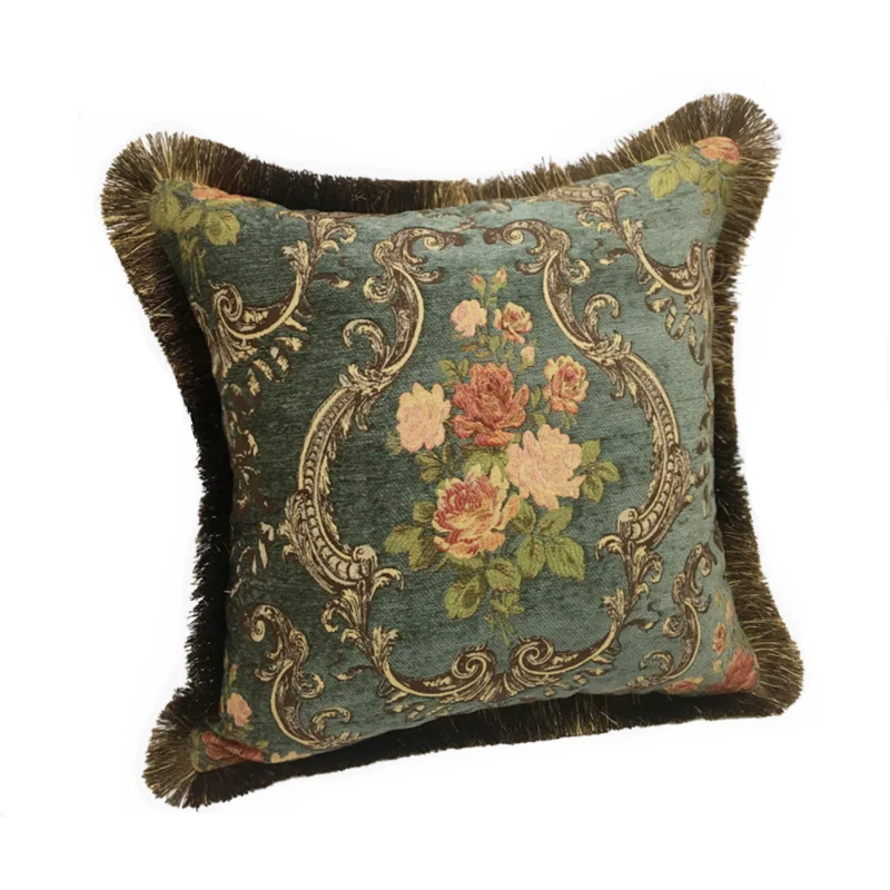 Deluxe Vintage French Rose Dark Green Traditional Floral Chenille Decorative Home Cushion Cover Style Throw Pillow Case 45x45 Cm