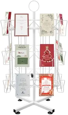 24 Pocket Greeting Card Rack, 3 Tier White Metal Display Stand, Rotating Holder for Stickers, CDs, DVDs