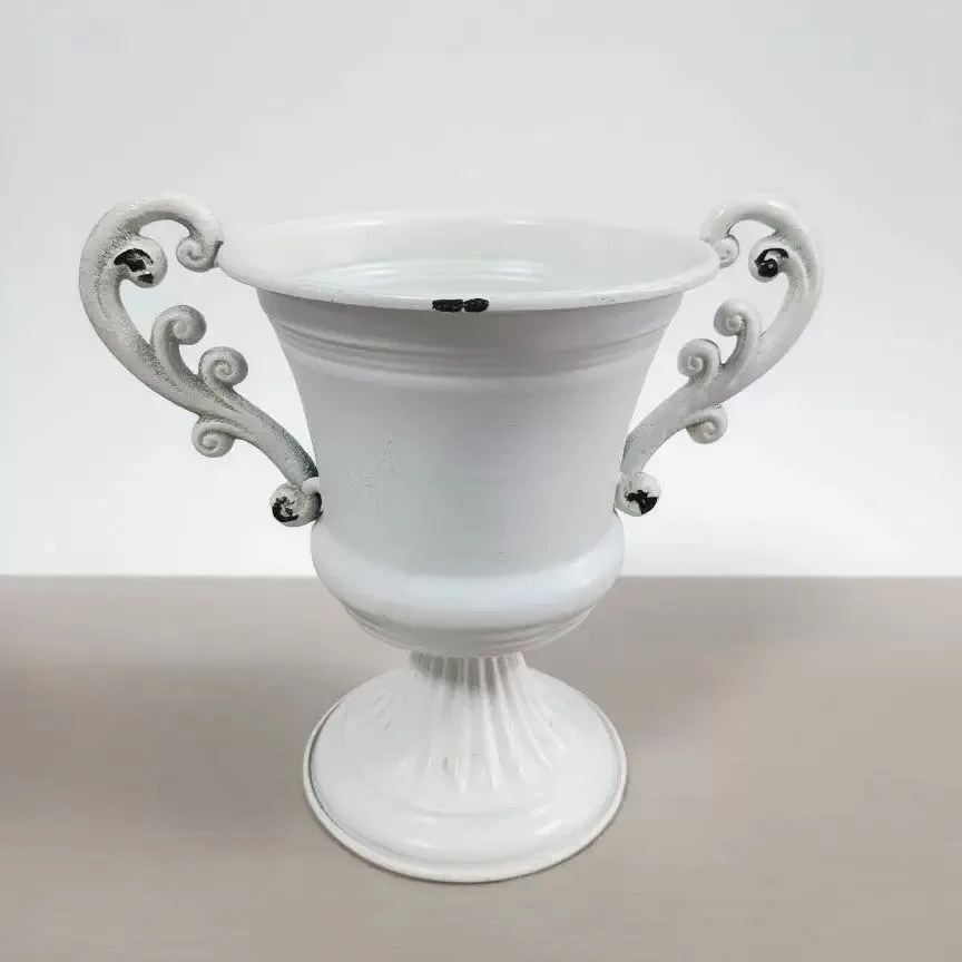 

French Style Decorative Urn Planter with Handles, Distressed Finish, Trophy Shape, 20cm Height, White and Gray Available