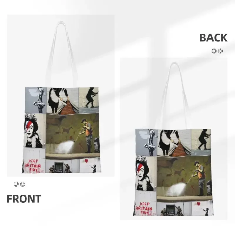 Bolso de compras Banksy Graffiti reutilizable para mujer, bolsa de lona de hombro, bolso de mano portátil, bolsas de compras de comestibles de arte Pop callejero