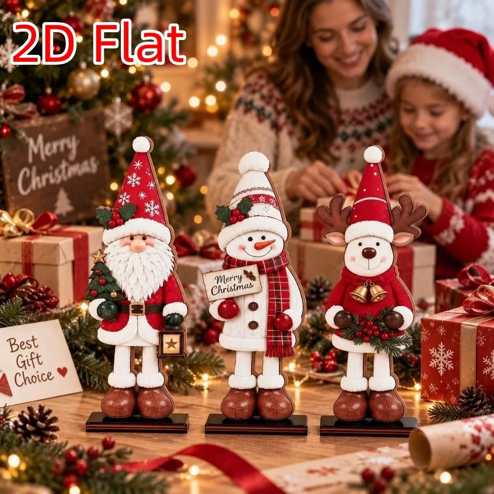 3Pcs Thickened Wooden Christmas Tabletop Ornaments 2D Flat Painted Holiday Standing Sign Decor Vintage Stable Base