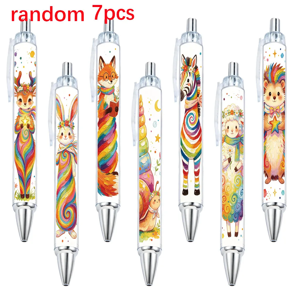 7Pcs Rainbow Animal-Themed Retractable Ballpoint Pens, Holiday Gift Pens with Random Designs