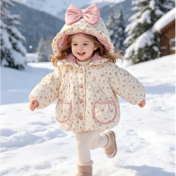 Girls Cotton Clothes 2026 Spring and Autumn New Childrens Clothing Korean Style Girl Baby Pink Bow Floral Hooded Cotton Clothes - view 2