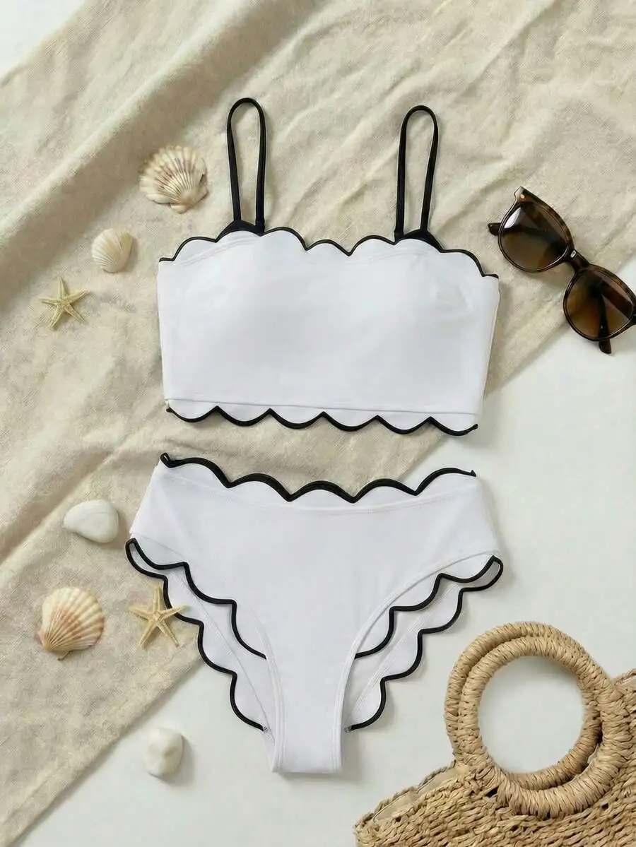

Women White Scallop Edge Tankini Set With Black Trim For Beach Vacation
