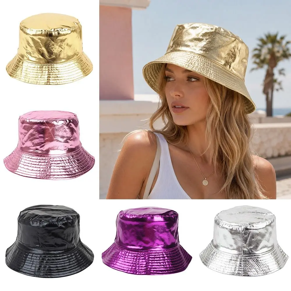 Double Sided Wear Reversible Bucket Hat Breathable Harajuku Style Gold Silver Fisherman Hat UPF 50+ Sunscreen Leather