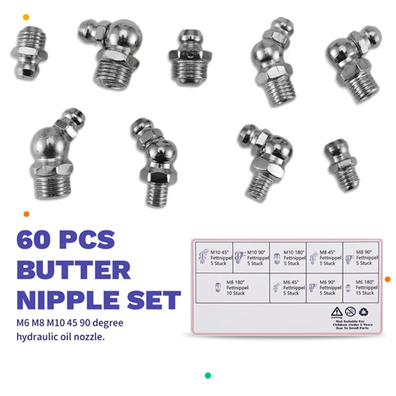 

Grease Fittings Kit 60Pcs Metric Grease Fittings Kit, M6 M8 M10 45 90 Degree