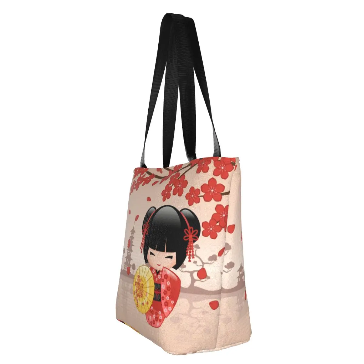 CUSTOM ญี่ปุ่นสีแดงซากุระ Kokeshi ตุ๊กตา Shopping Tote กระเป๋าน่ารัก Cherry Blossom ร้านขายของชําผ้าใบ Shopper กระเป๋าสะพาย