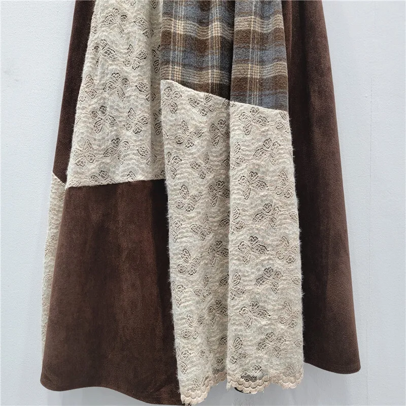 Spódnica damska HKSH Jesień Zima Nowa Kolekcja Blok Kolorów Asymetryczna Patchworkowa Koronka Ażurowa Szydełkowa Krata Plisowana Retro Spódnice w Stylu Ins HK14637