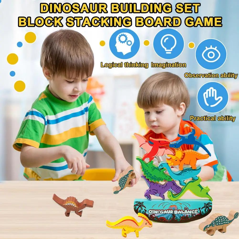 Block Stacking Board Game Educational Dinosaur Building Block Stacking Game for Kids Wooden Cartoon Dino Brick Balance Tower Toy