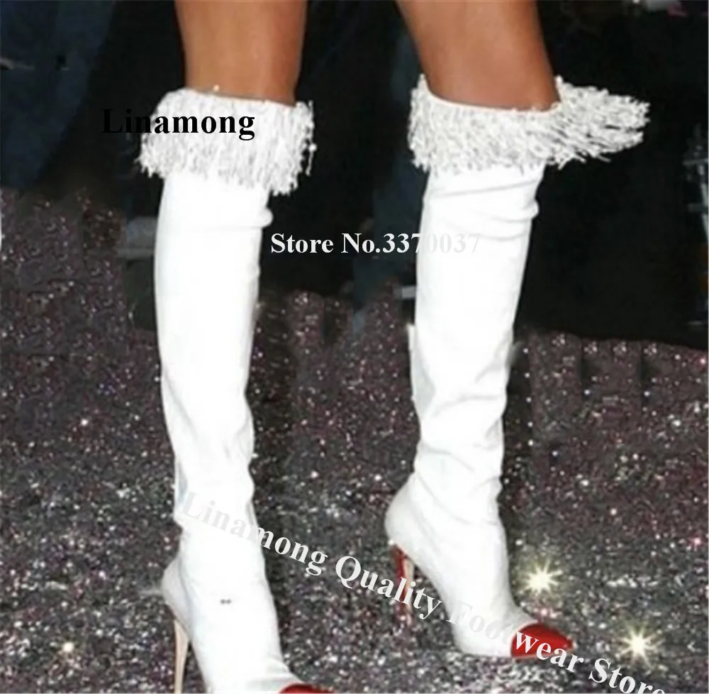

Тонкие стильные белые замшевые лоскутные сапоги до колена на шпильке с кисточками Сексуальные красные длинные сапоги с острым носком и бахромой на тонком каблуке