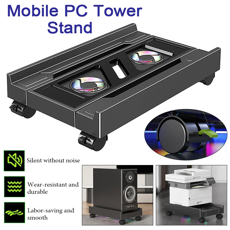 Adjustable Computer CPU Holder Telescopic Desktop Stand Freely Extendable Mobile Chassis Base Tray Bracket with RGB Cooling Fan