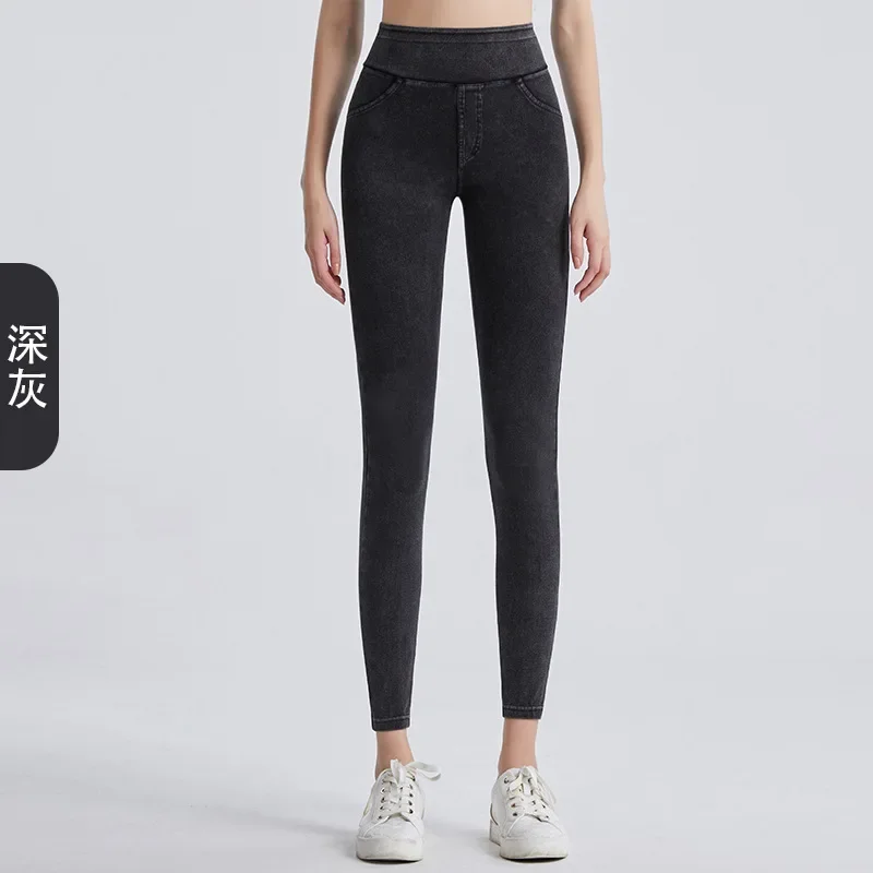 Hohe Taille, kleine Beinhose, Imitationsjeans, Damen, Skinny Lift, Gesäß, Bauch, Stretch, draußen, um Doppeltaschen-Fitnesshose zu tragen