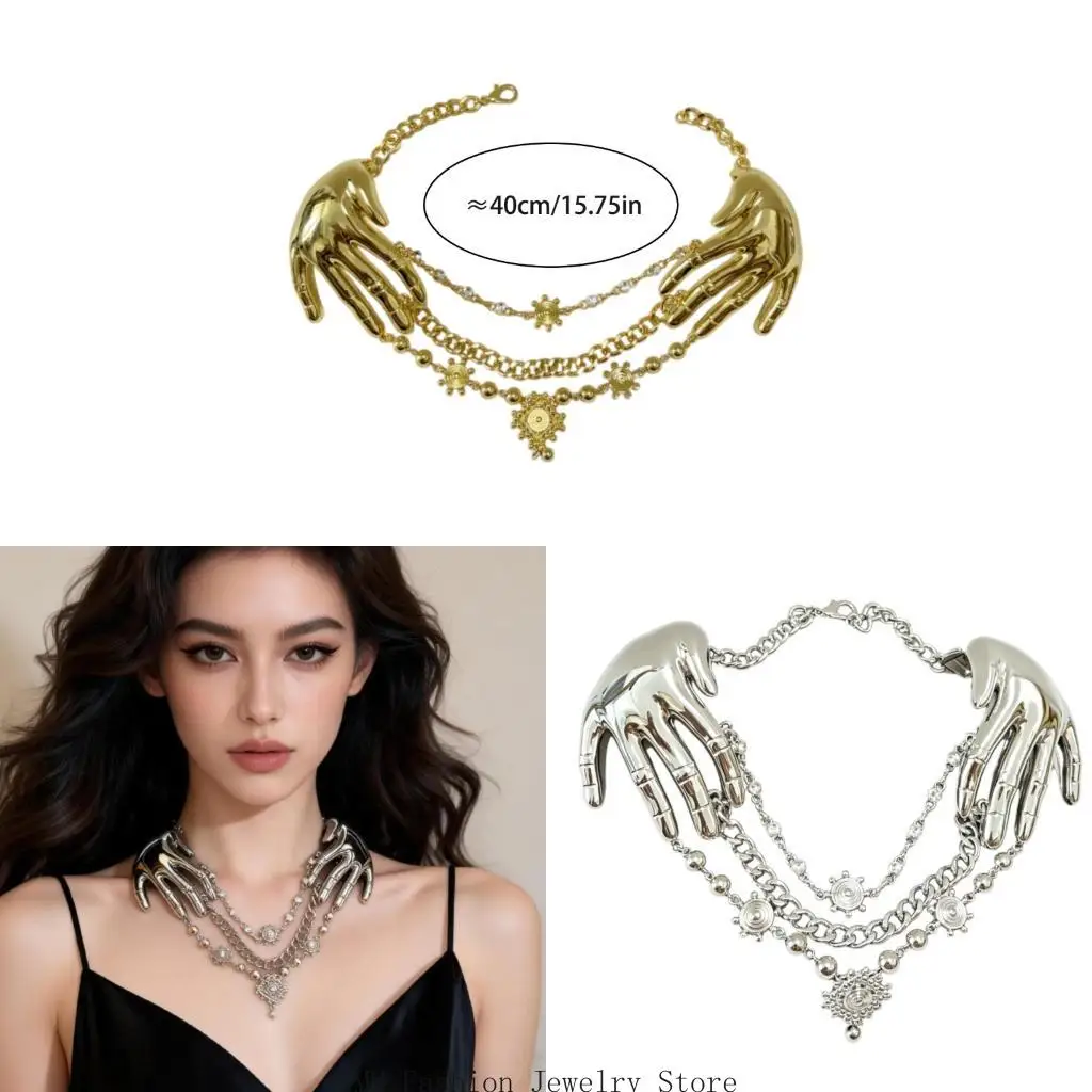 Statement Neck Jewelry with Sculptural Hand Shapes, Draped Chain Necklace, Ornamental and Multi-Position Fastening D0UB