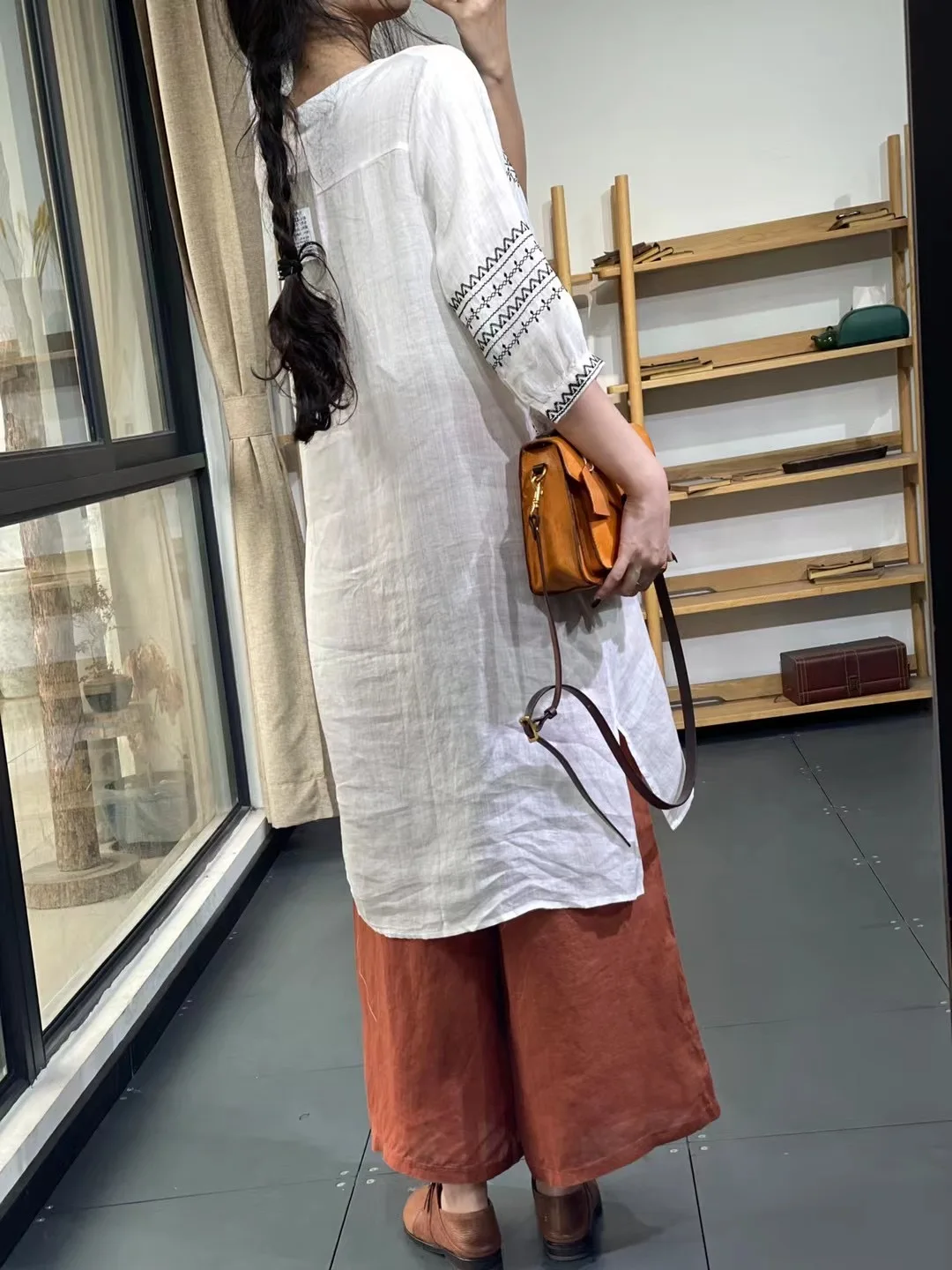 Artistic Vintage Ethnic Embroidered Loose V-Ne Linen Dr Women's Mid-Length A-Line Skirt Sle Commute Faion Dr