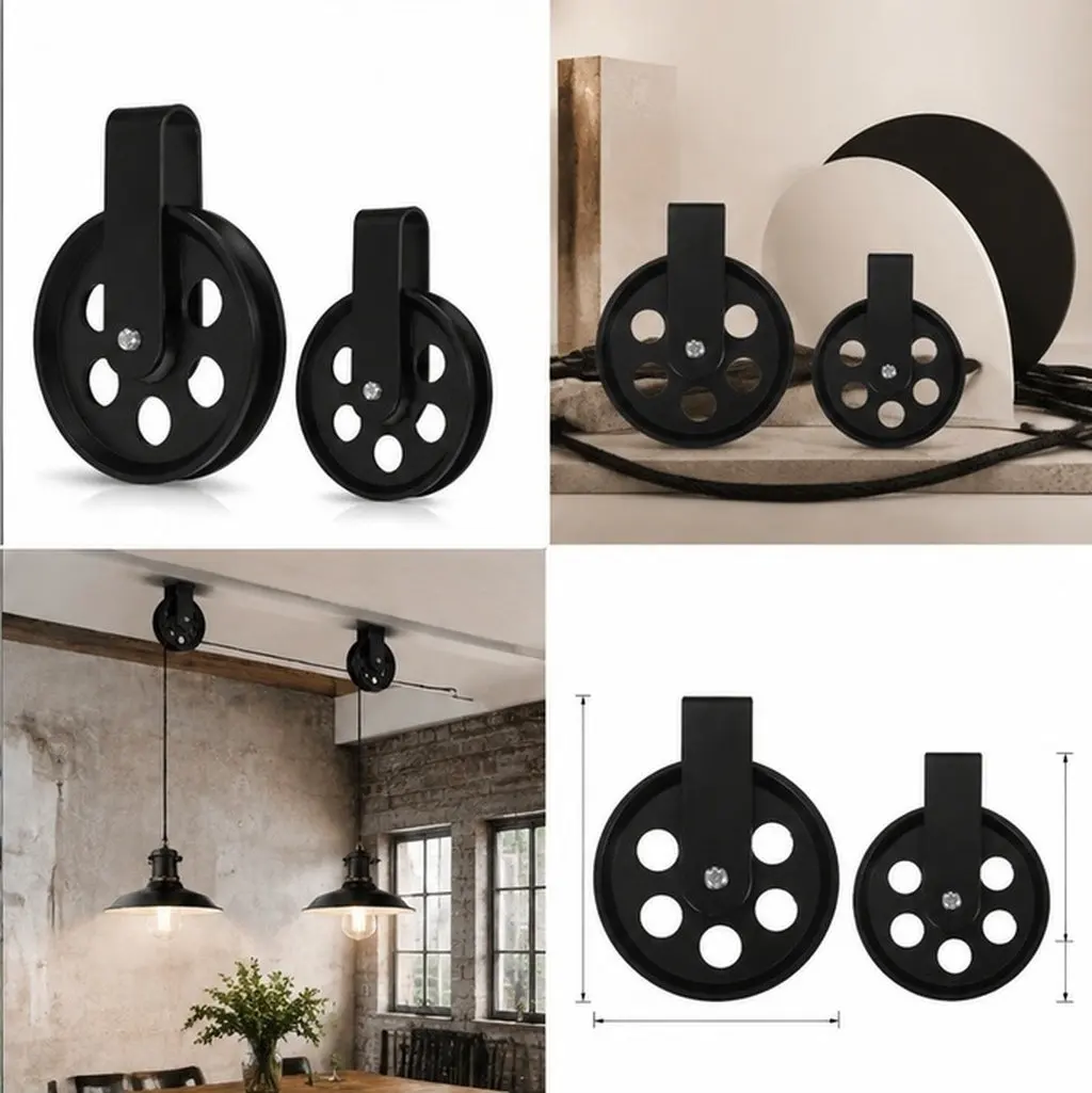 2Pcs Vintage Lamp Pulley System Black Heavy Duty Ceiling Mount Pulley Adjustable Height Industrial Light Fixtures
