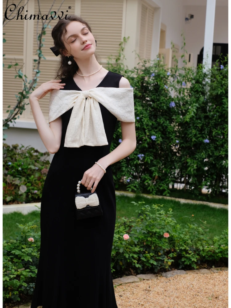 

French Elegant Hepburn Style Lace 3D Bow Off-Shoulder V-neck High Waist Slim Fit Black Sheath Fishtail Evening Long Dress Women