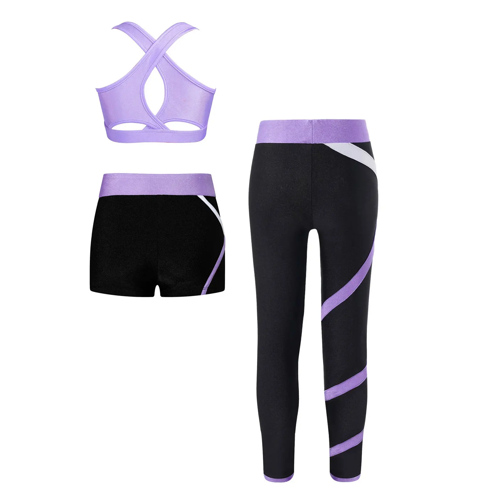 Girls Figure Skating Costume Cross Back Vest+Shorts Practice Leggings Pants for Yoga Running Professional Competition Training