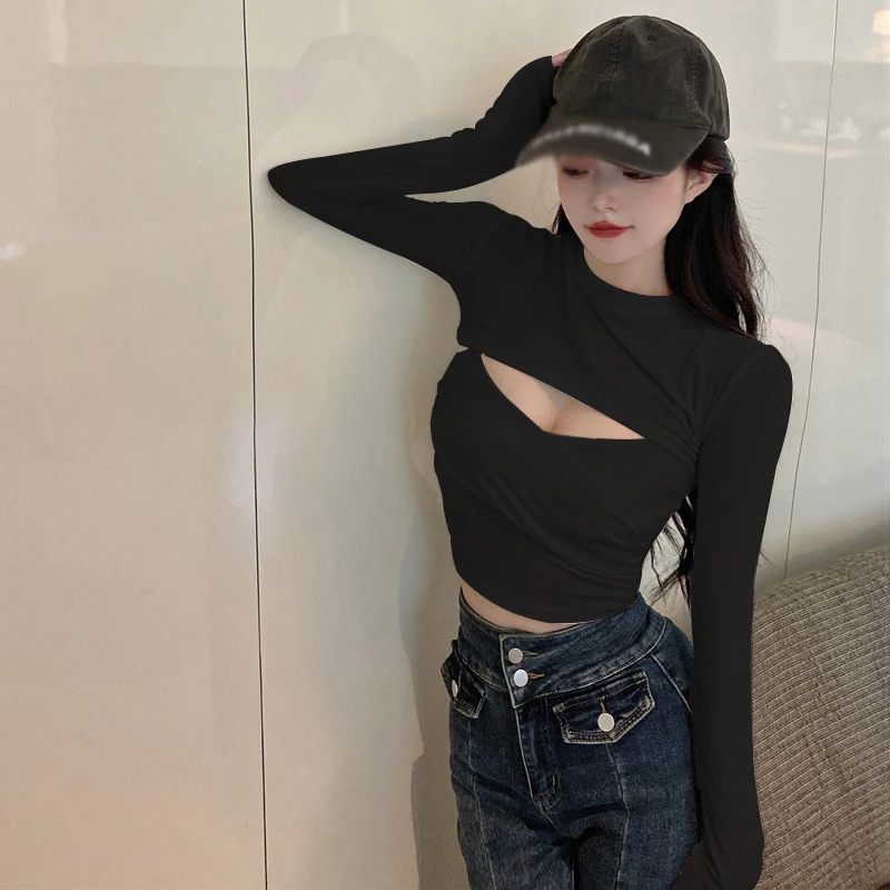 Women\'s Sexy Fake Two-Piece Long Sleeve T-shirt Stylish Chest Hollow Out Slimming Casual Versatile Cropped Top